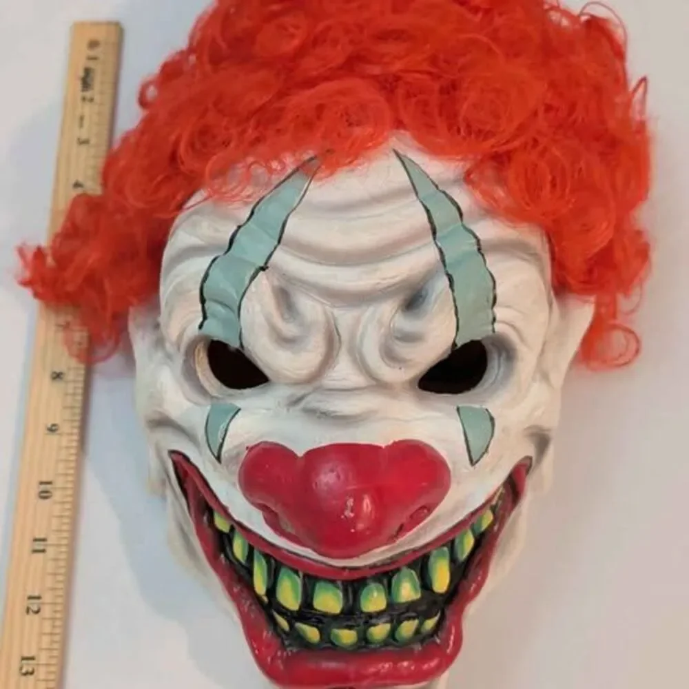 Creepy Evil Clown Halloween Mask with Orange Wig Costume Cosplay Prop Clean